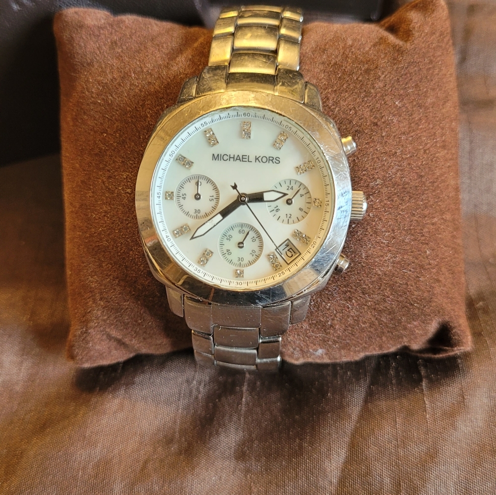 Michael Kors silver watch mother of pearl crystals